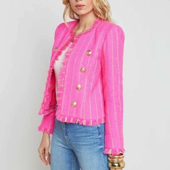 NEW L'AGENCE Tinlee Tweed Jacket - Barbie Pink Shocking Pink Gold Stripe - Picture 4 of 12